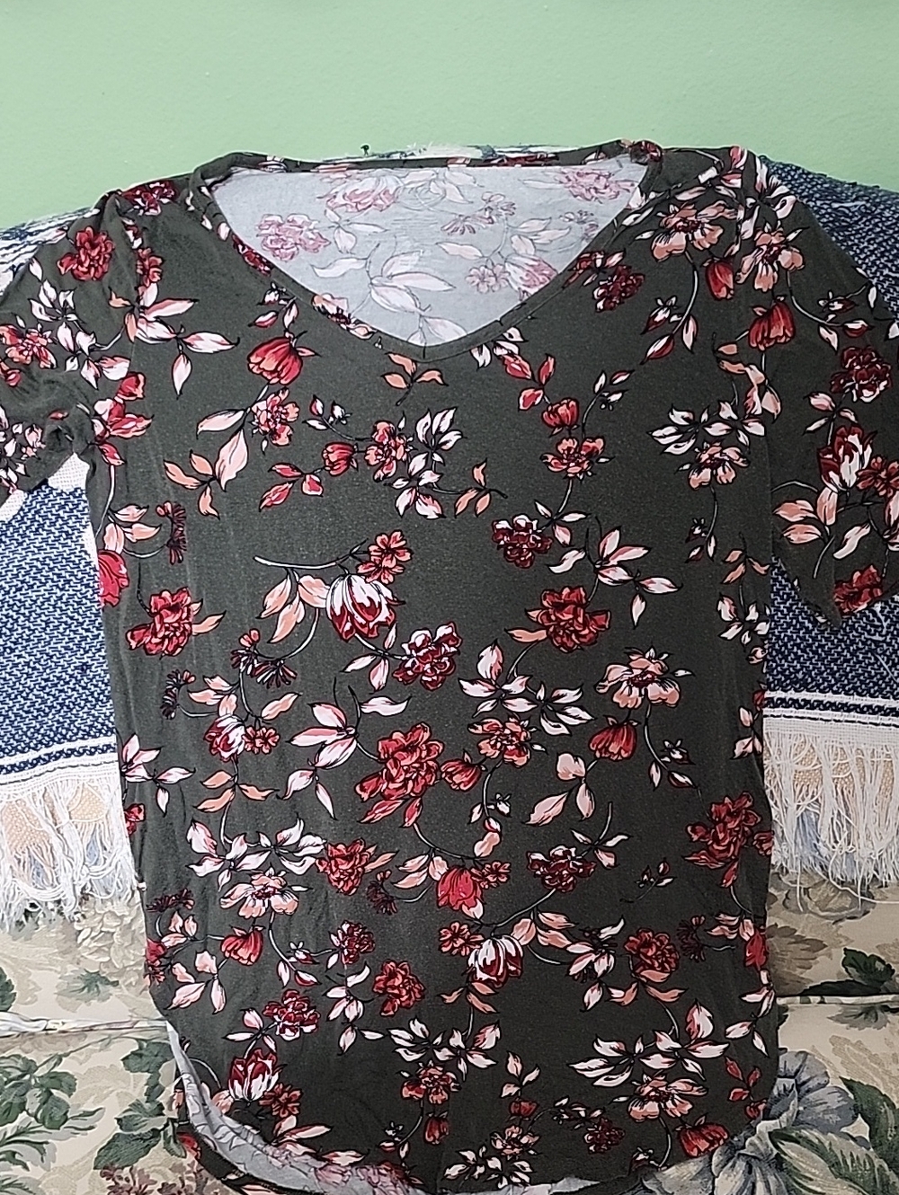 Source Unknown Olive Green Floral V-Neck Top with Pink & Red Blooms